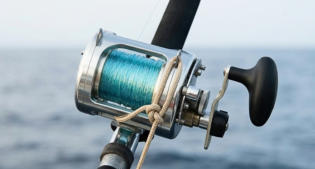 Close-up of a silver saltwater conventional fishing reel with blue line, mounted on a rod. A rope is knotted around the frame against a blurred ocean background.