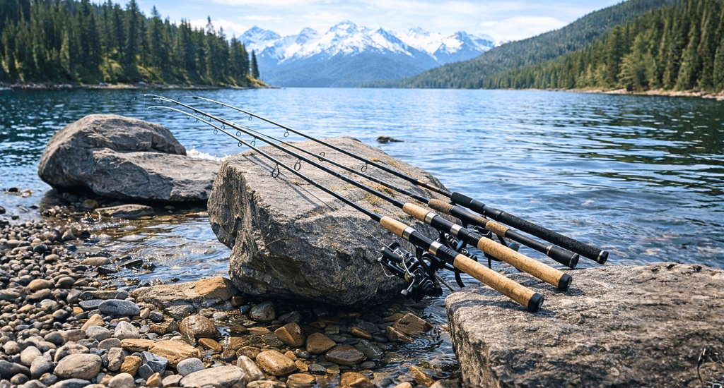 Four fishing rods with cork handles lean against a large rock on a pebble shore. A calm blue lake and snow-capped mountains create a scenic backdrop.