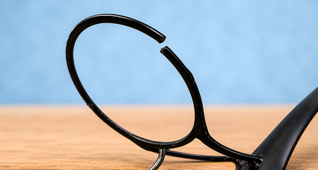 A close-up of a pair of black, plastic eyeglass frames sitting on a wooden surface. The left circular rim is snapped at the top, showing a clean break in the frame.