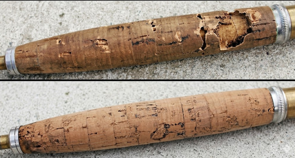 Two side-by-side images showing a before-and-after restoration of a cork fishing rod handle, transitioning from heavily gouged and damaged to smooth and repaired.