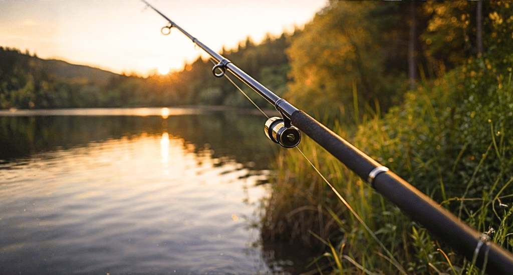 A fishing rod with a spinning reel extends over a calm lake at sunset. Golden sunlight reflects on the water, framed by lush green trees and tall grass.