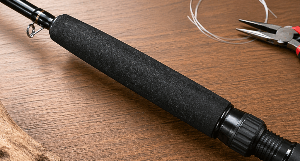 Close-up of a black fishing rod handle with a textured foam grip, resting on a wooden surface next to fishing line and pliers. Clean, professional studio shot.