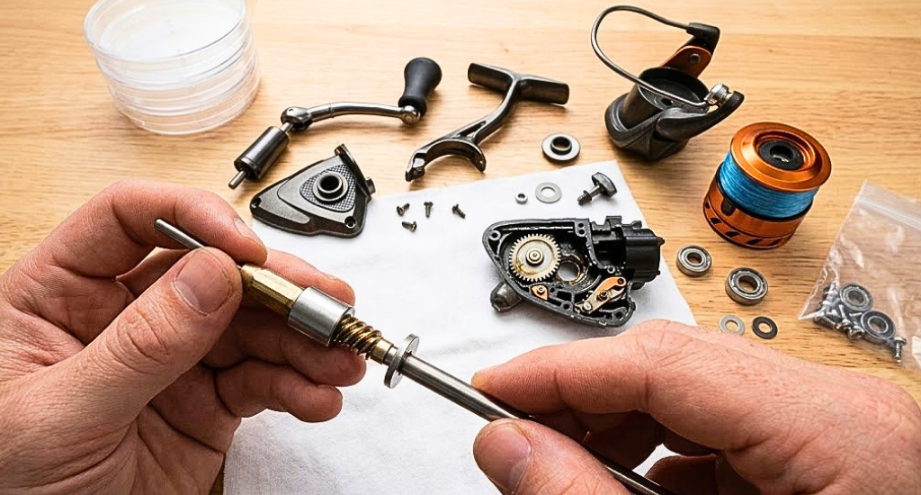 A close-up of hands carefully assembling the internal brass gears and shaft of a disassembled Shimano spinning fishing reel on a wooden workbench with spare parts.