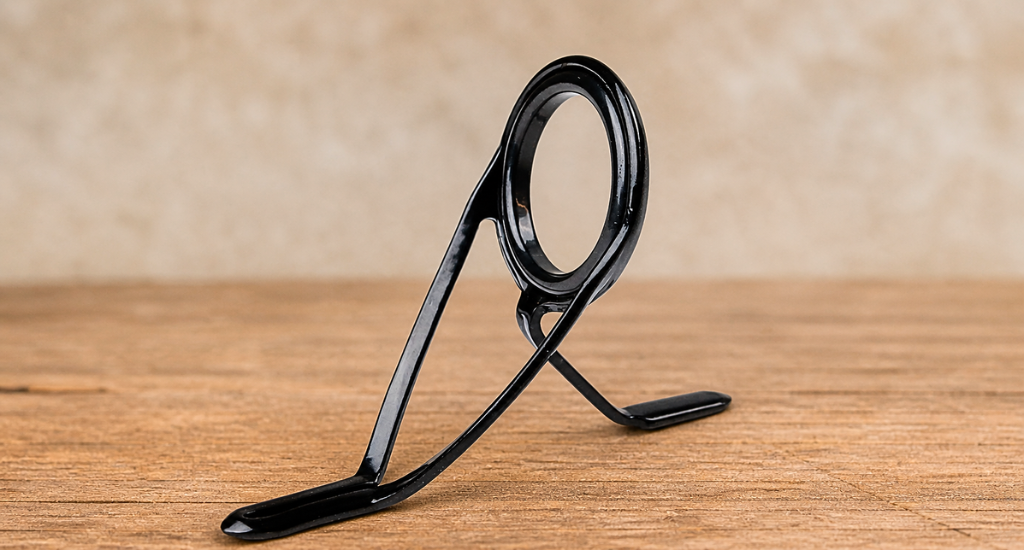 A sleek, black Fuji K-Series three-leg fishing rod guide stands on a wooden surface. Its polished frame and circular ceramic ring are designed for smooth casting.