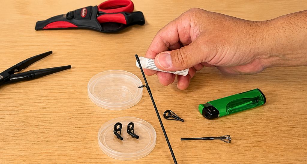 A person applies adhesive from a small tube to a fishing rod tip. The wooden table holds a lighter, pliers, scissors in a sheath, and several spare rod guides.