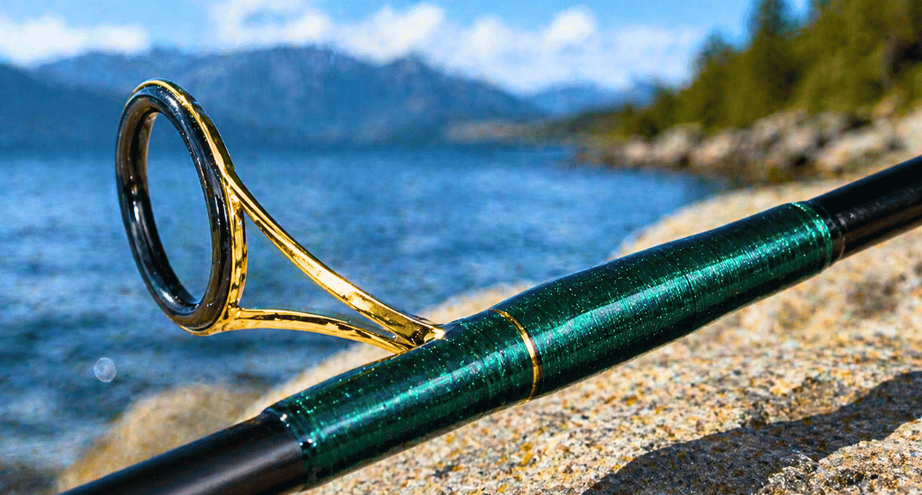 Close-up of a fishing rod's gold-rimmed guide and metallic green thread wraps. A calm blue lake and forested mountains are softly blurred in the background.