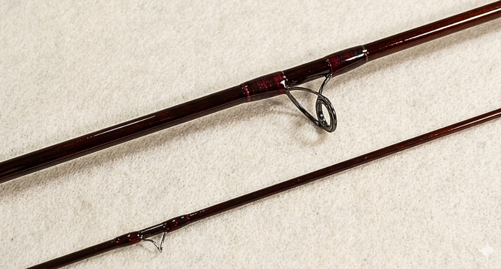 Close-up of two sections of a dark mahogany fly fishing rod with metallic guides and decorative thread wraps, resting on a neutral, textured cream background.