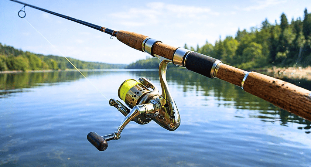 A spinning fishing rod with a cork handle and gold reel is positioned over a calm lake. Lush green forests and a clear blue sky reflect in the water's surface.