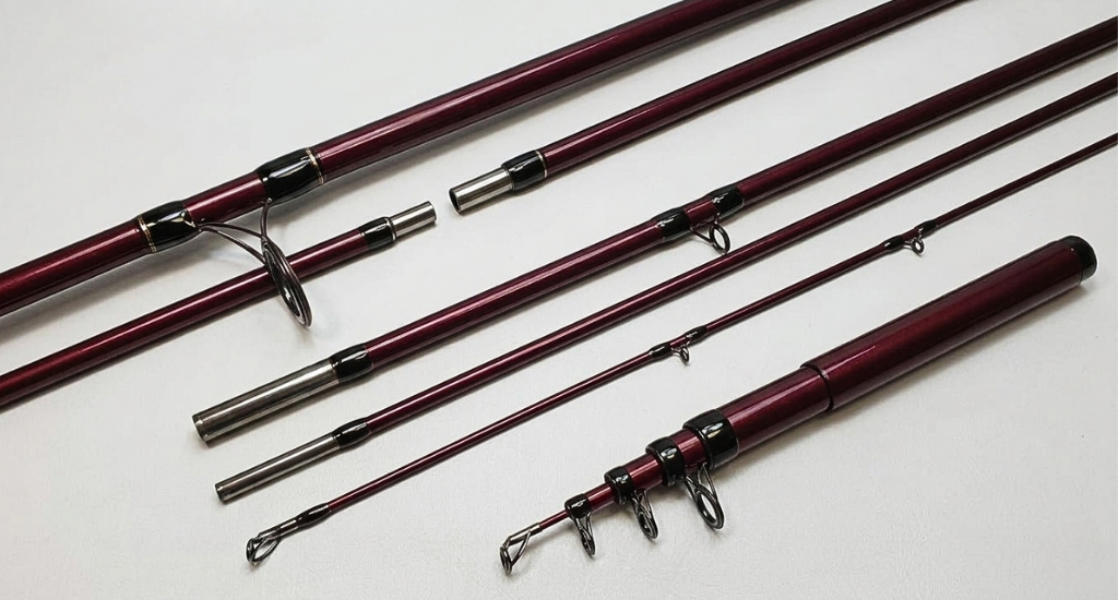 A folded red telescopic fishing rod next to the open sections of a dark red multi-section travel fishing rod