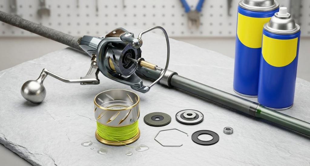A disassembled fishing reel and rod laid out on a table with maintenance tools and lubricant spray cans.
