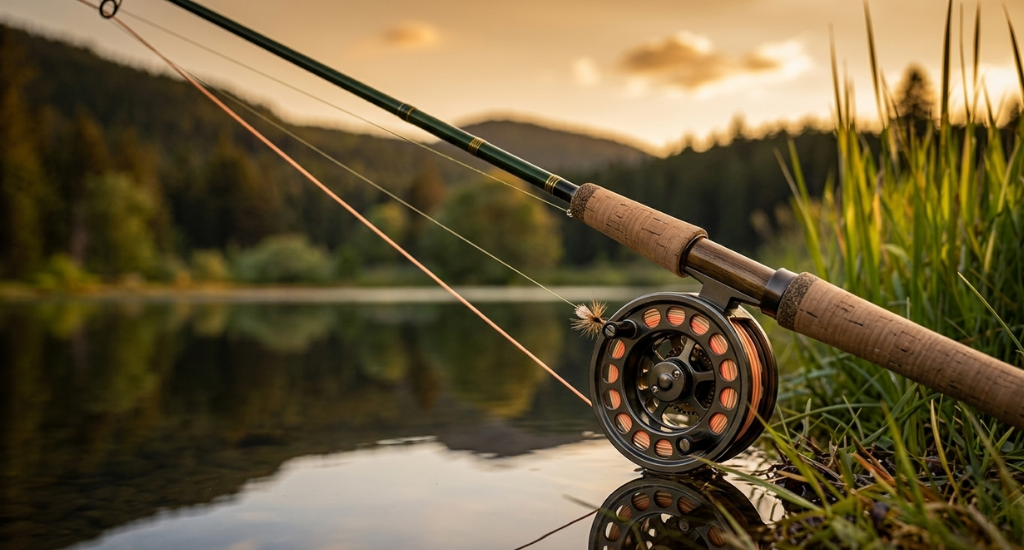 A fly fishing rod and reel resting on the grassy bank of a calm river at sunset.