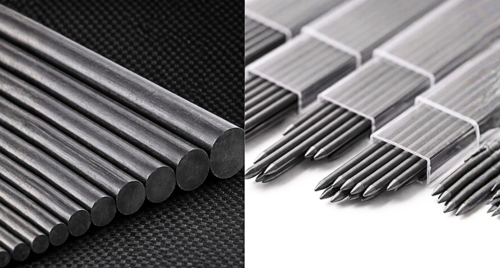 A side-by-side comparison showing solid black carbon fiber rods