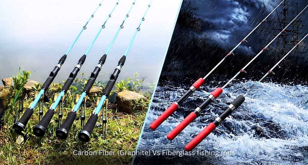 showing light blue fishing rods on a grassy bank on the left and white rods with red grips against a stormy sea backdrop on the right.