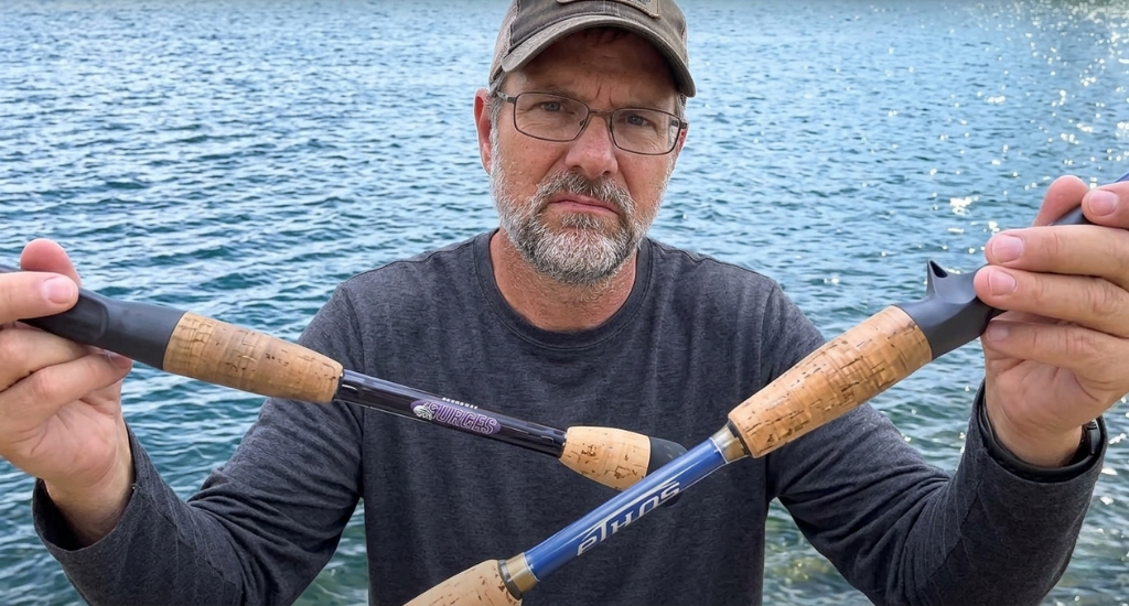 A man holding two different fishing rods with cork handles crossed in front of him.