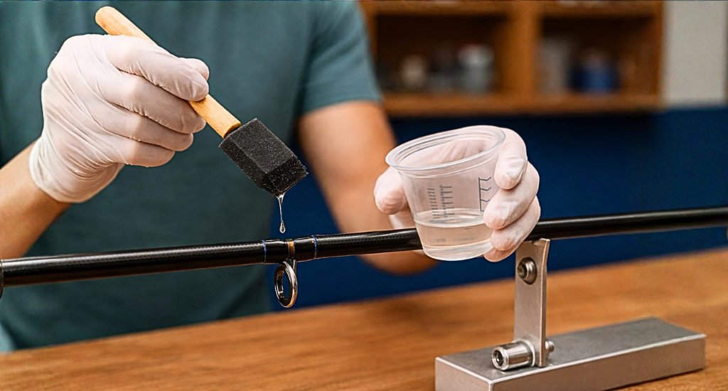 A person wearing gloves applies clear liquid resin to a black fishing rod blank with a foam brush from a measuring cup.