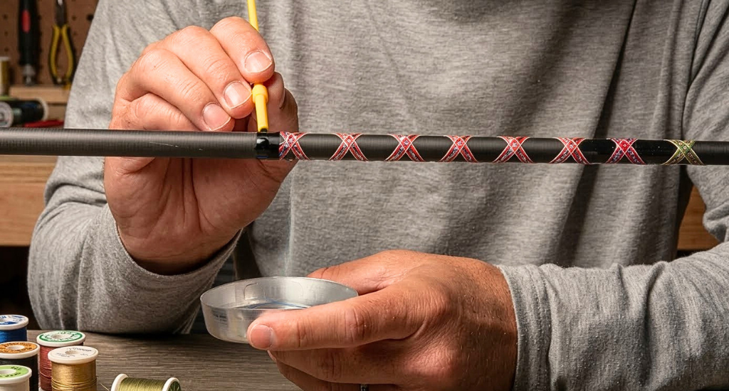 A close-up of a person using a fine brush to apply clear epoxy finish over decorative thread wraps on a custom fishing rod blank.