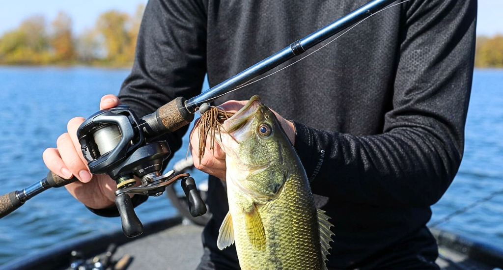 An angler on a boat holding a caught bass by its mouth with a baitcasting rod and reel setup in the foreground.