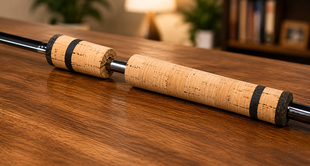 A split-grip cork fishing rod handle lying on a wooden table.