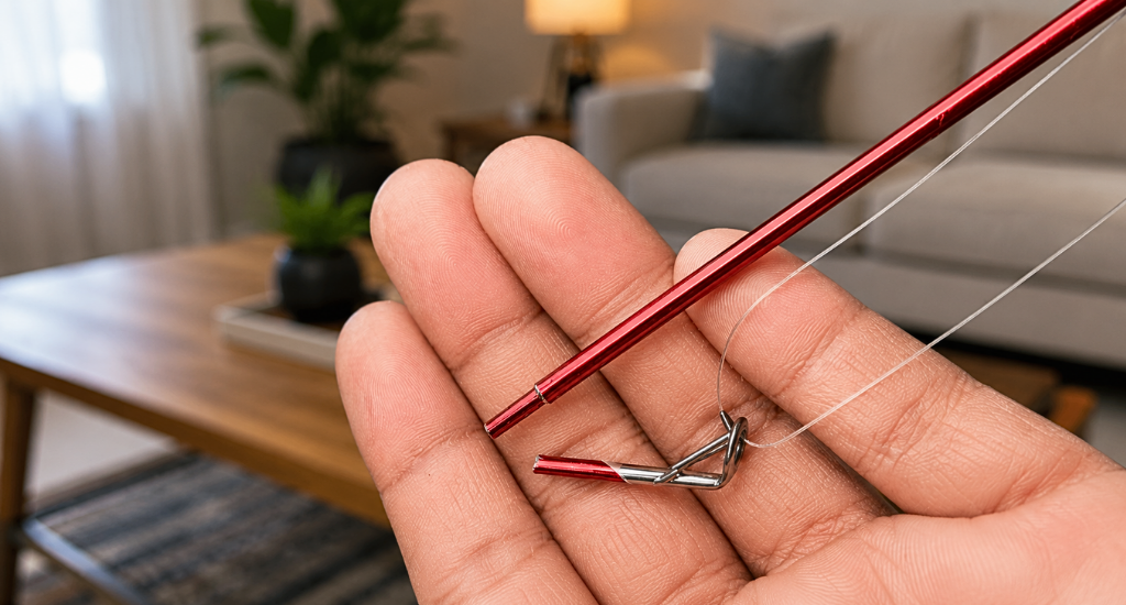 A close-up of a broken red fishing rod tip held in a person's hand.