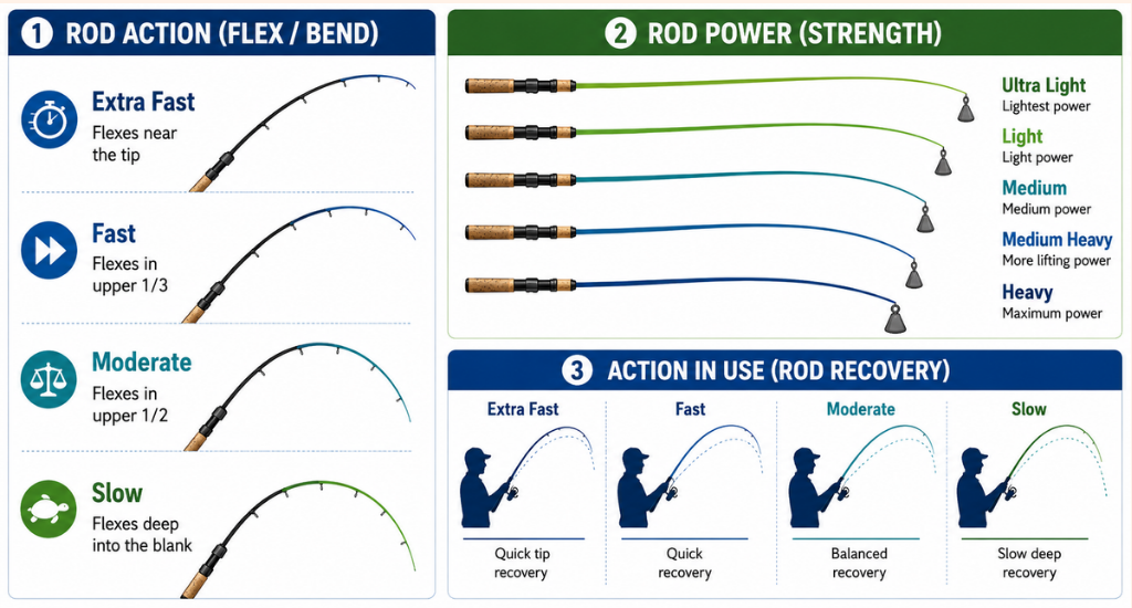 An infographic chart explaining fishing rod action, power strength, and recovery speed.