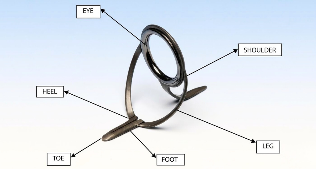 A diagram labeling the different parts of a fishing rod guide, including the eye, shoulder, leg, foot, heel, and toe.