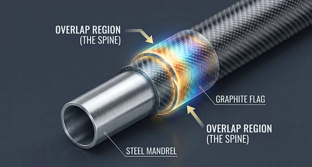 This 3D diagram shows a graphite flag wrapped around a steel mandrel, illustrating the overlap region that forms a fishing rod spine.