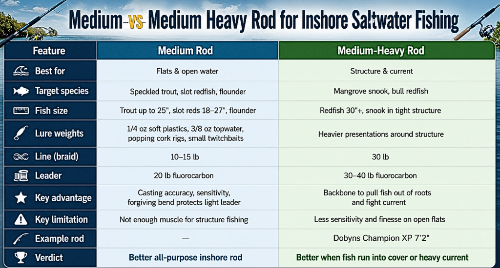 A comparison table chart contrasting medium and medium-heavy fishing rods for saltwater use.