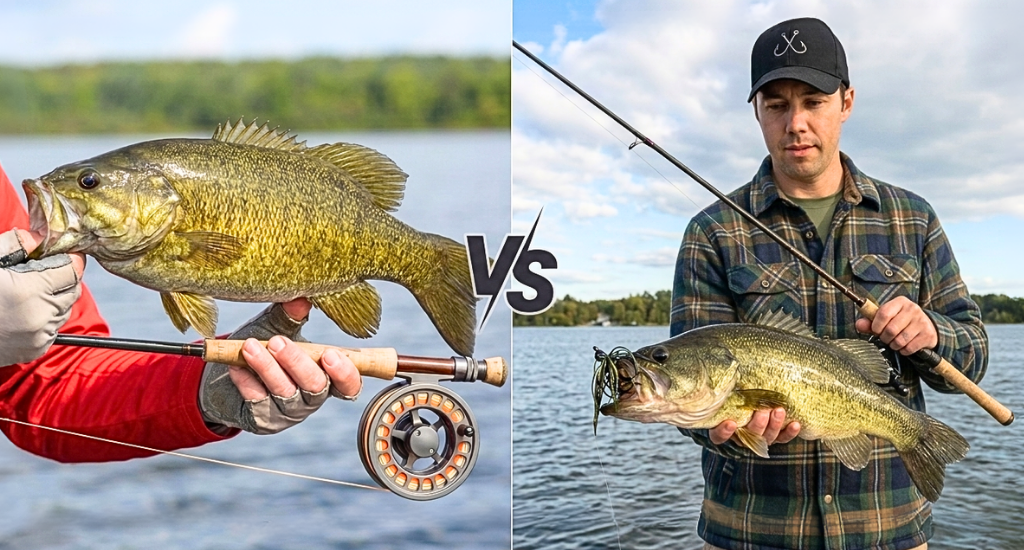 A side-by-side comparison image showing a smallmouth bass held next to a fly rod on the left, and an angler holding a largemouth bass with a jig lure on the right.