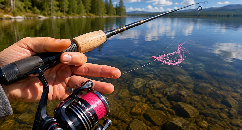 An angler holding a spinning rod with tangled pink fishing line over a clear lake.