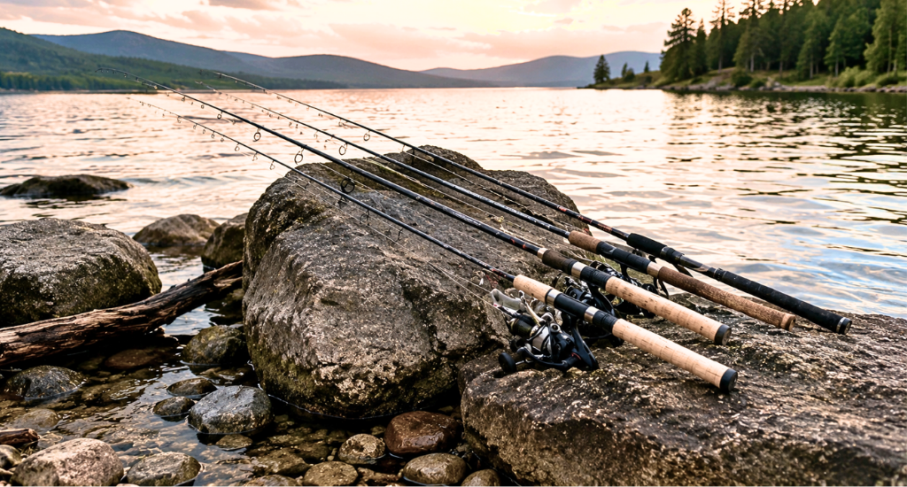 Four fishing rods with spinning reels laid out on rocky boulders by a lake shoreline at sunset.