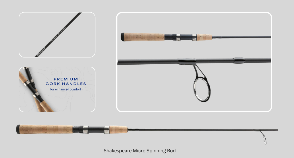 A black spinning fishing rod showcasing close-up panels of its full cork handle, reel seat, and line guide.