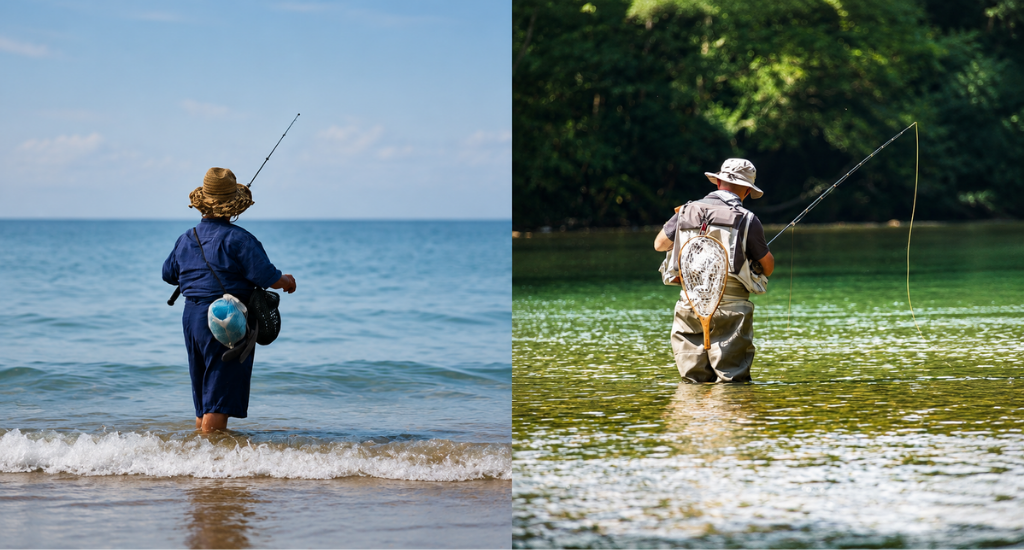 A split-screen view of an angler surf fishing in the ocean and another fly fishing in a river.