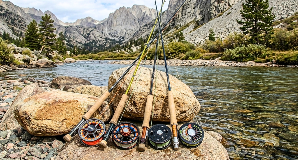 Four fly fishing rods and reels propped against large rocks next to a mountain stream.