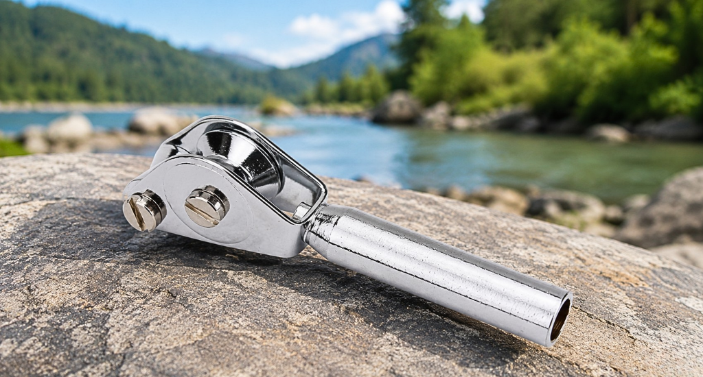 A stainless steel roller tip top guide resting on a rock with a river background.