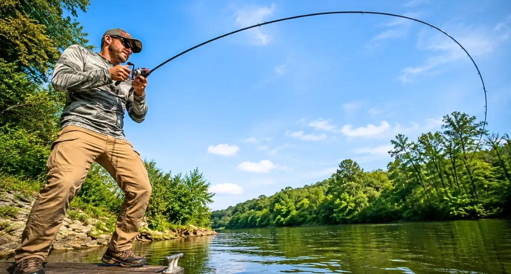 Angler standing on a boat bending a long black fishing rod against a blue sky, demonstrating rod parabolic flex.