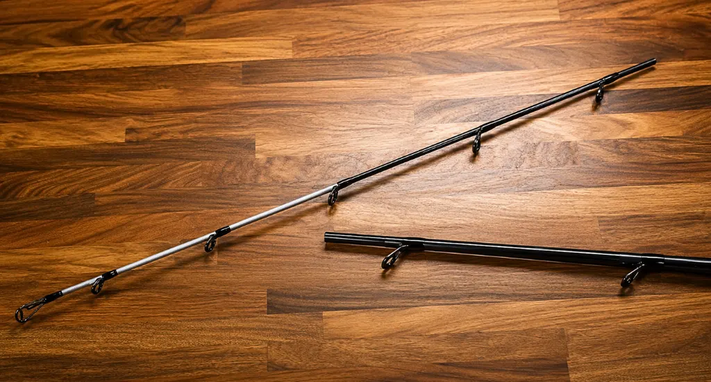 Broken black and silver fishing rod blank sections with line guides lying on a dark wooden table.