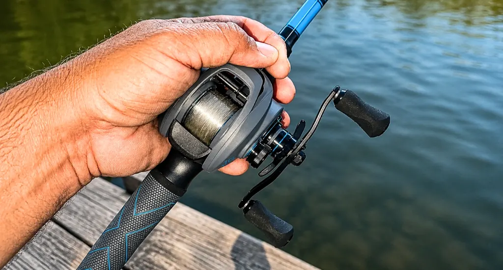 Hand holding a dark gray baitcasting reel attached to a blue rod over water on a sunny day.