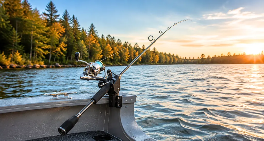Rigged fishing rod sitting in a boat rod holder pointing toward open water during a sunset.