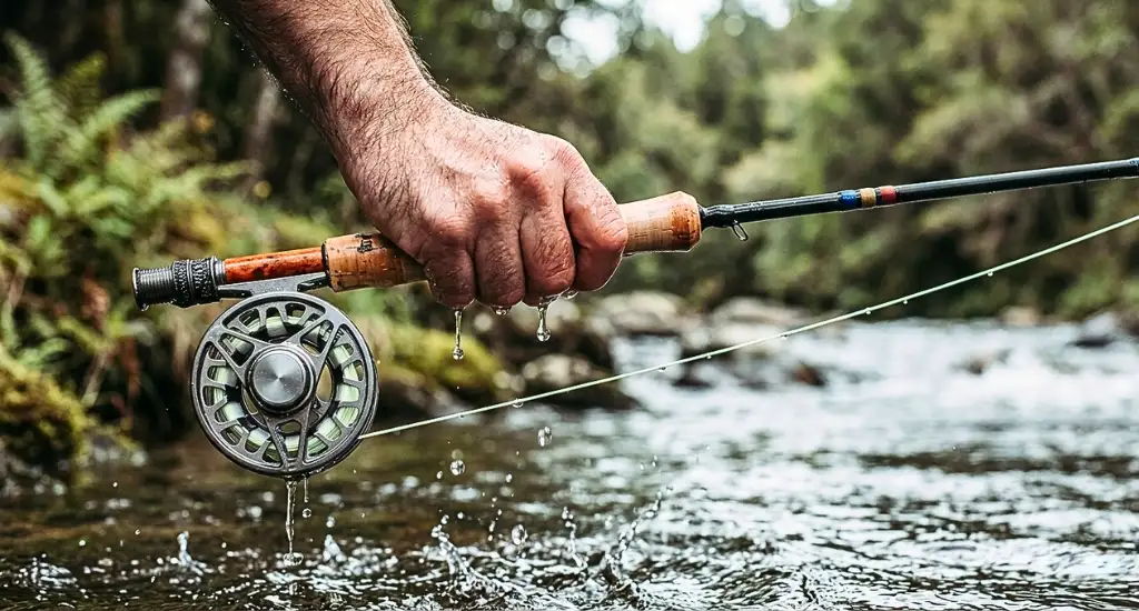 Hand holding a cork handle fly rod with reel dripping water over a clear mountain stream.