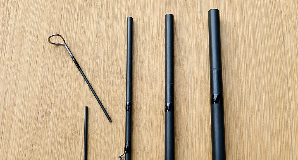 Four different sizes of black fishing rod blank tip ends lined up on a light wooden table next to a replacement tip top.