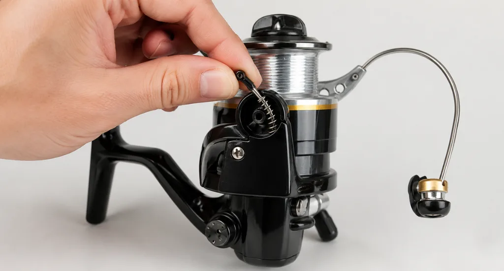 Hand opening the bail wire housing on a black and silver spinning reel against a plain light background.