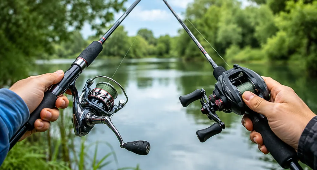 Two hands holding a spinning rod setup in the left hand and a baitcasting setup in the right hand outdoors near a lake.