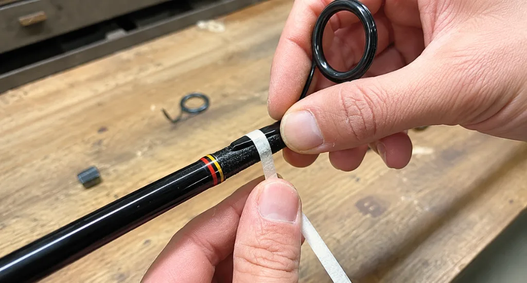 Hands holding white tape to secure a new line guide foot onto a black fishing rod blank before thread wrapping.