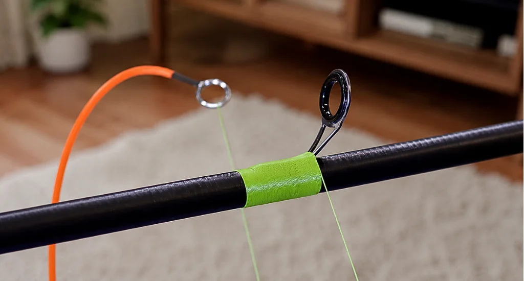 Close-up view of bright green thread tightly wrapped around a line guide foot on a black fishing rod blank.